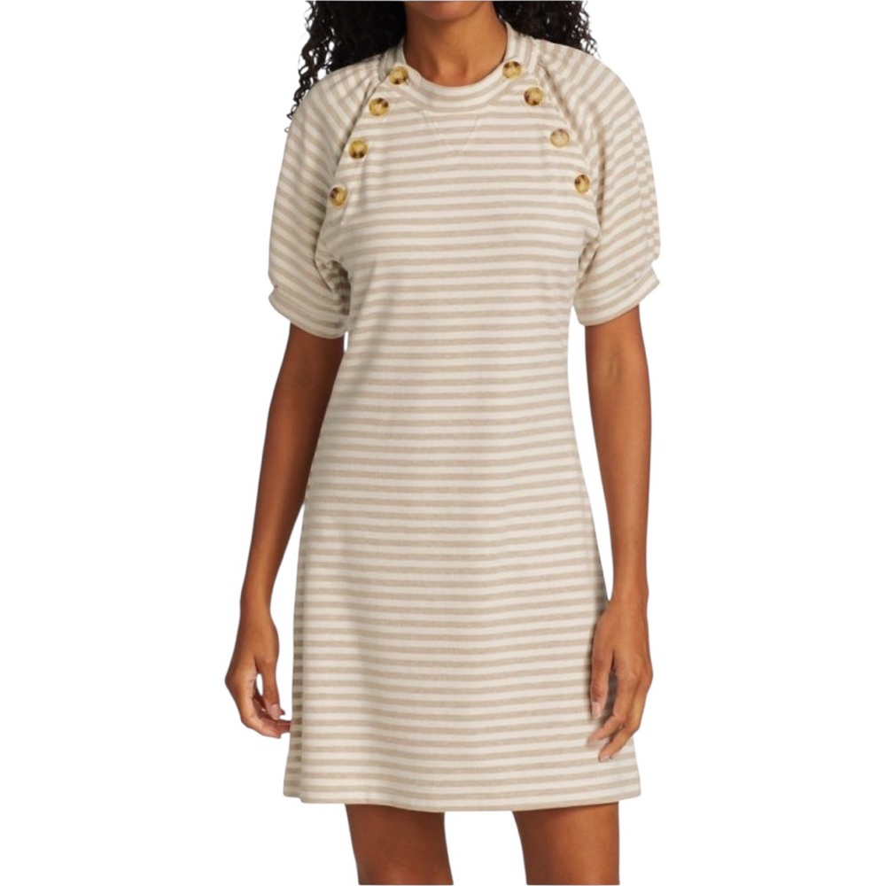 Derek Lam Crosby Karli Sailor Stripes Button Short Puff Sleeve Dress Sesame M